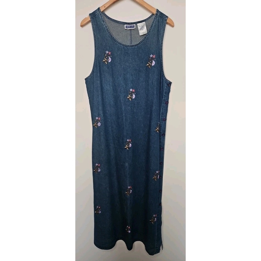 Vintage Erika & Co Denim Jumper Dress M Maxi Embroidered Floral Cottage Country